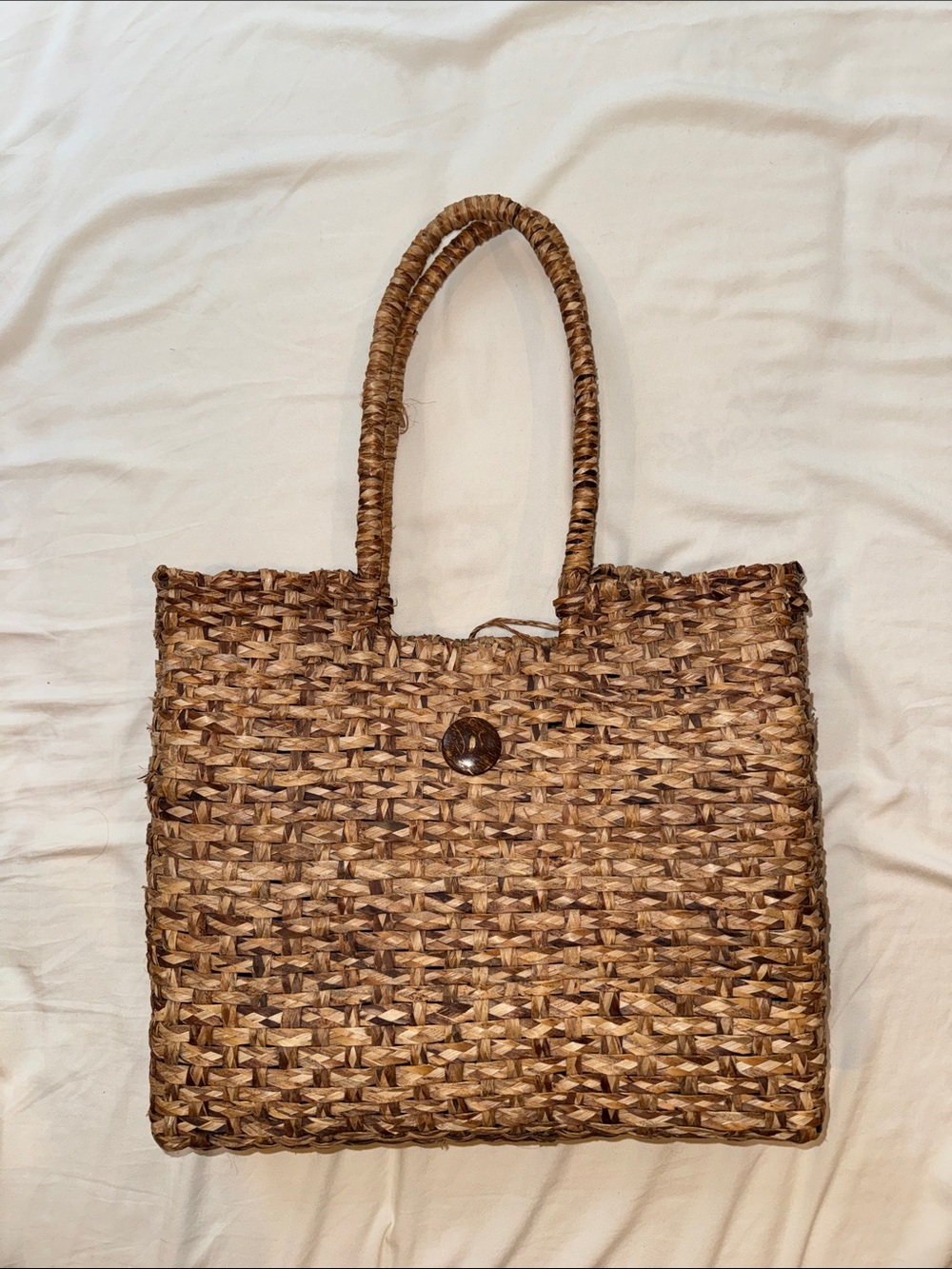Large Handwoven Brown Straw Tote Bag with Top Handles